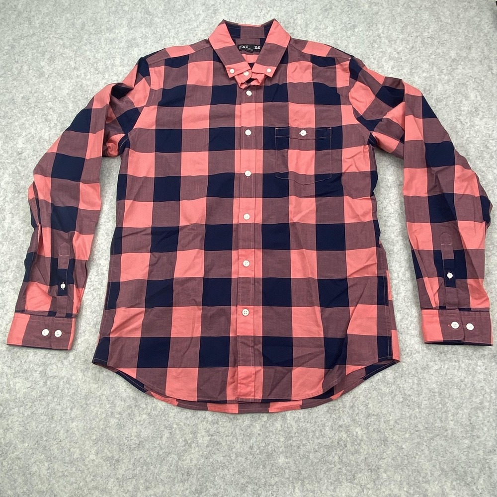 Express Shirt Mens Medium Pink Navy Plaid Button Down Long Sleeve Pocket